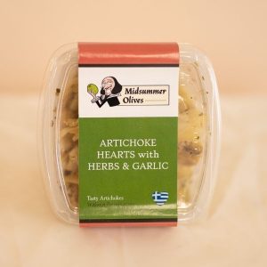 Image shows Artichoke Hearts with Herbs and Garlic in Midsummer olives branded packaging