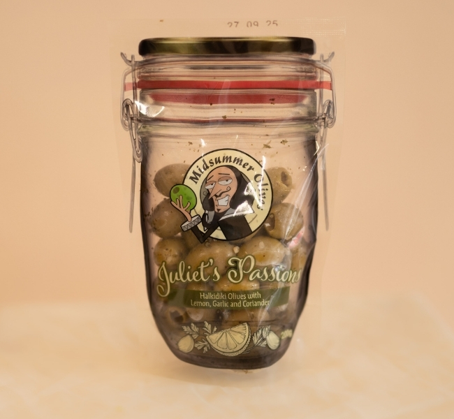Image shows Juliet's Passions olives in Midsummer Olives packaging which resembles a mason jar
