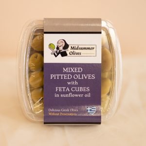 Image shows Mixed Pitted Olives with Feta Cubes in sunflower oil in Midsummer olives branded packaging