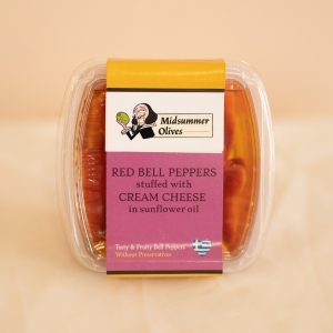Image shows Red Bell peppers stuffed with Cream Cheese in sunflower oil in Midsummer Olives branded packaging