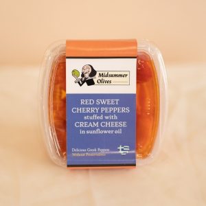 Image shows Red Sweet Cherry Peppers stuffed with Cream Cheese in sunflower oil in Midsummer Olives branded packaging