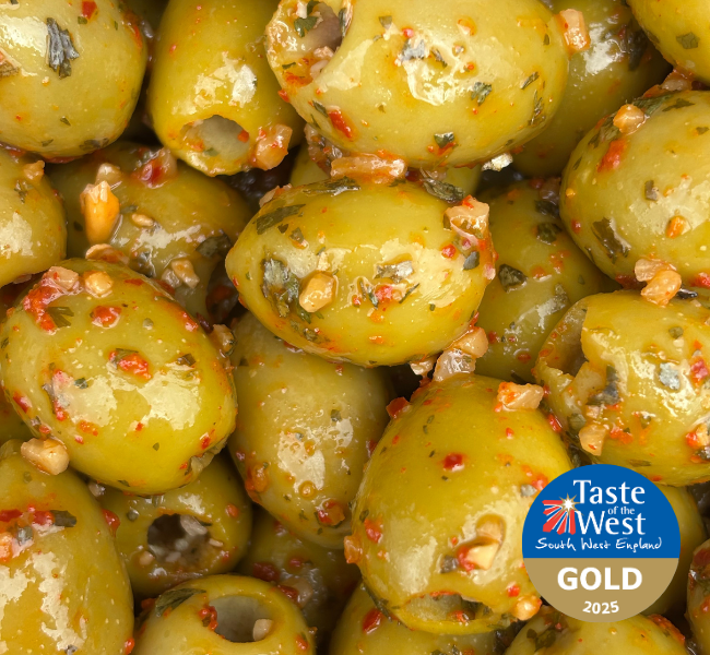 Image shows Taste of the West Gold award Winning Romeo's Love Olives from Midsummer Olives