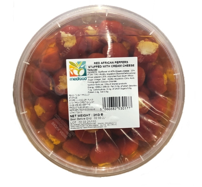 Image shows Red African Stuffed Peppers with cream cheese from Midsummer Olives