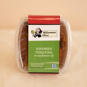 Image shows Sundried Tomatoes in sunflower oil in Midsummer Olives branded packaging