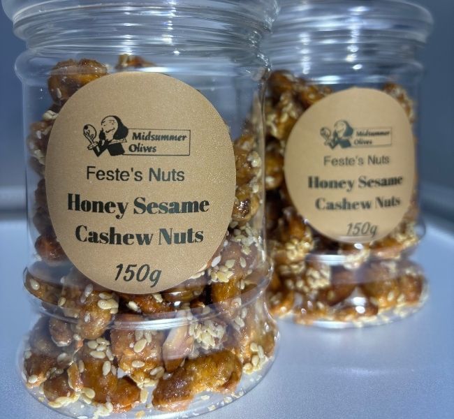 Image shows a jar of Honey Sesame Cashew Nuts